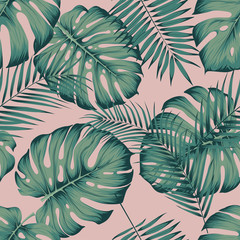 Handdoek met foto Palmbomen patronen Monstera en areca op roze  © max_776