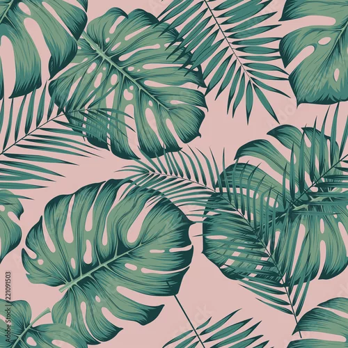 Tapety Bezszwowy tropikalny wzór z liścia monstera i areki palmowym liściem na różowym tle