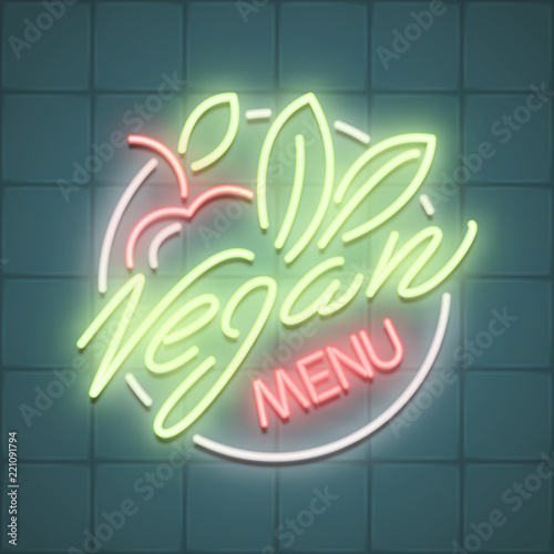 Vegan food menu restaurant advertisement, logo, icon, neon glowing text, vector illustration