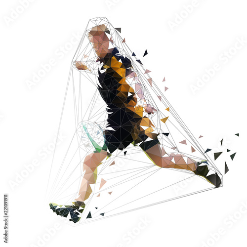 Rugby player kicking ball, low polygonal vector illustration, side view. Geometric shape