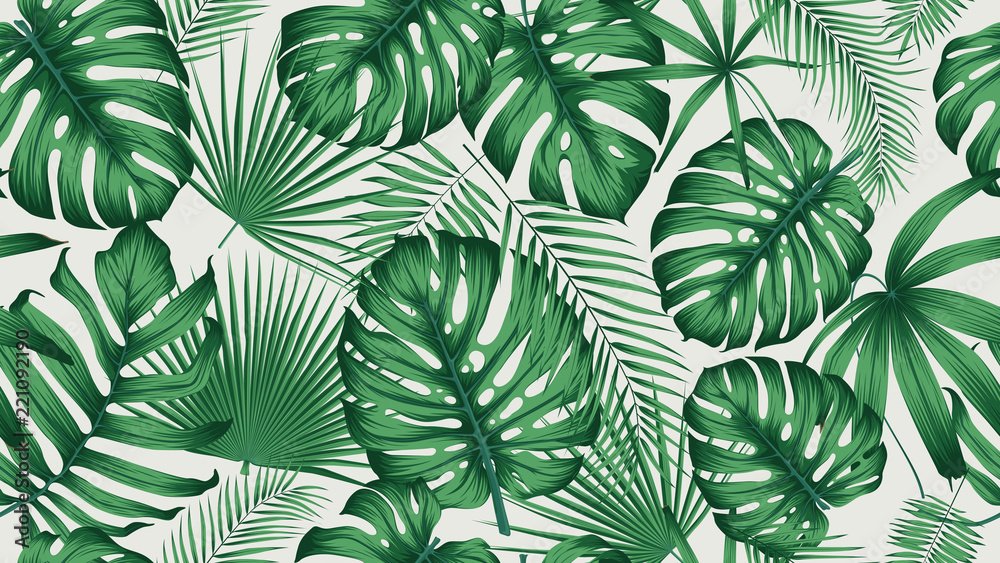 Trendy seamless tropical pattern with exotic leaves and plants jungle - obrazy, fototapety, plakaty 