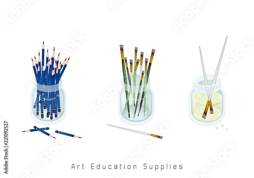 Art Supply, Craft Paintbrush or Artist Brushes and Sharpened Pencils in Glass Jar for Drawn and Paint A Picture Isolated on White Background. Sign for Welcome Back to School.r