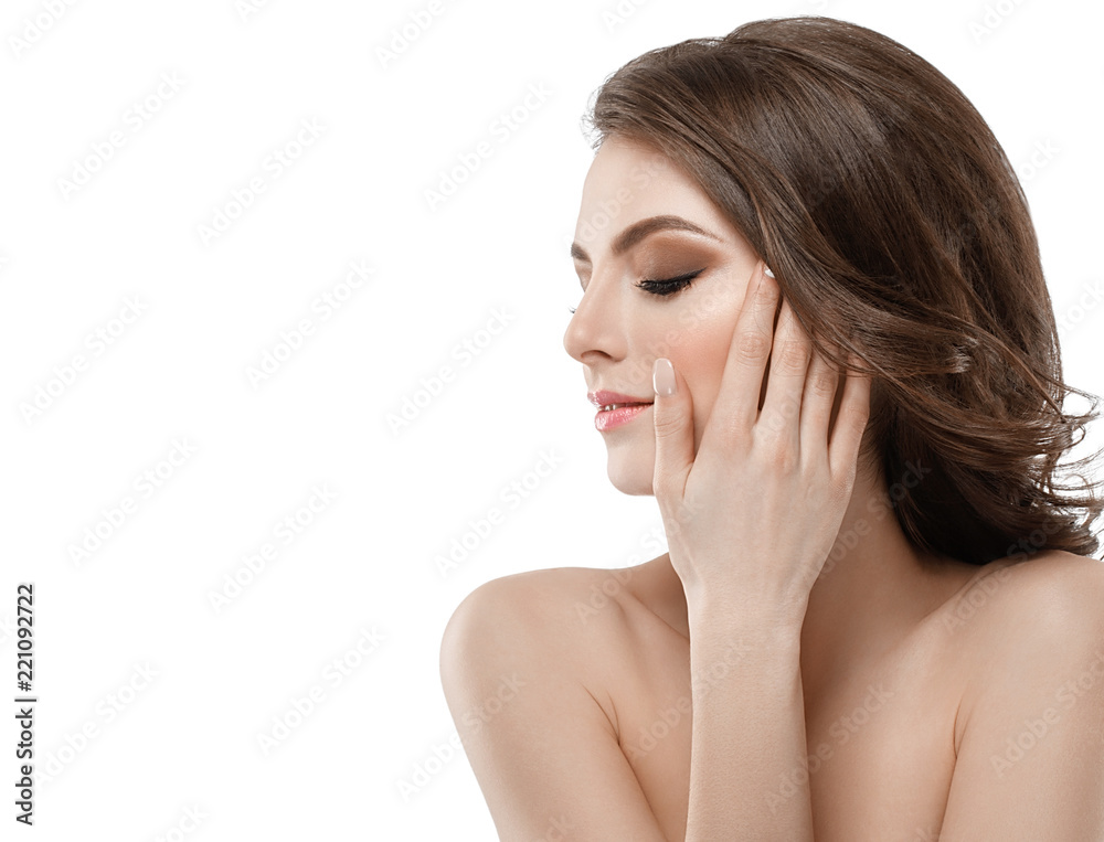 Brunette beautiful woman with healthy skin and hair isolated on white cosmetic concept Brunette beautiful woman with healthy skin and hair isolated on white cosmetic concept