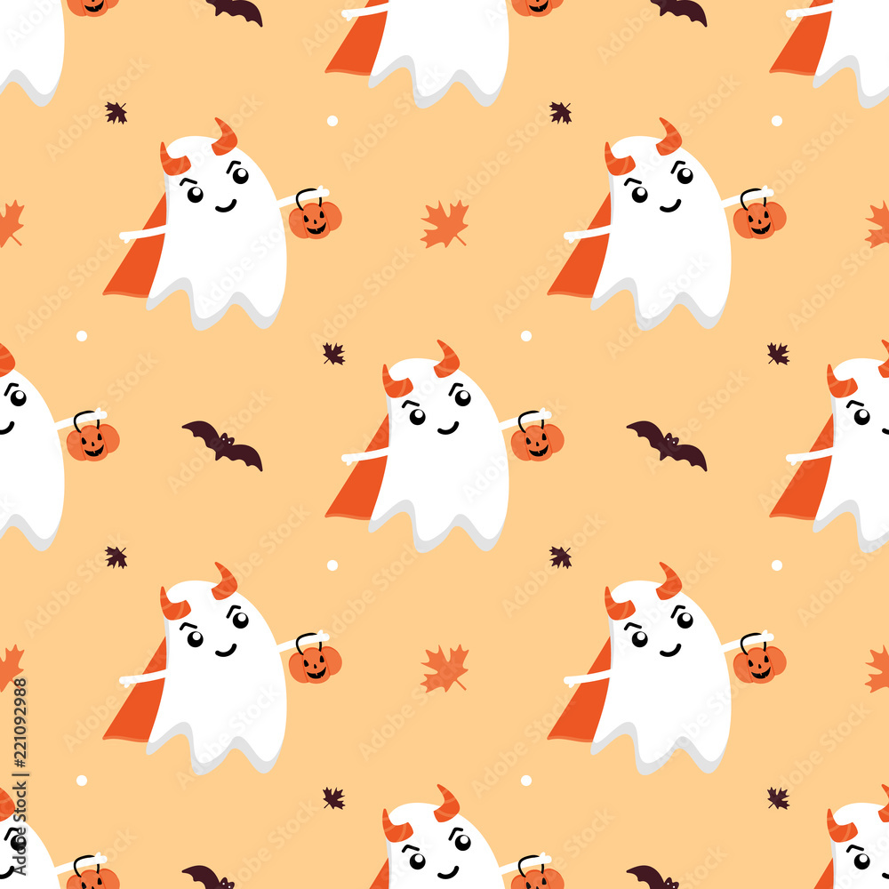 Seamless pattern background in cartoon style with autumn leaves, bats and cute ghost character dressed as a devil, holding pumpkin shaped halloween treat basket for Halloween design.