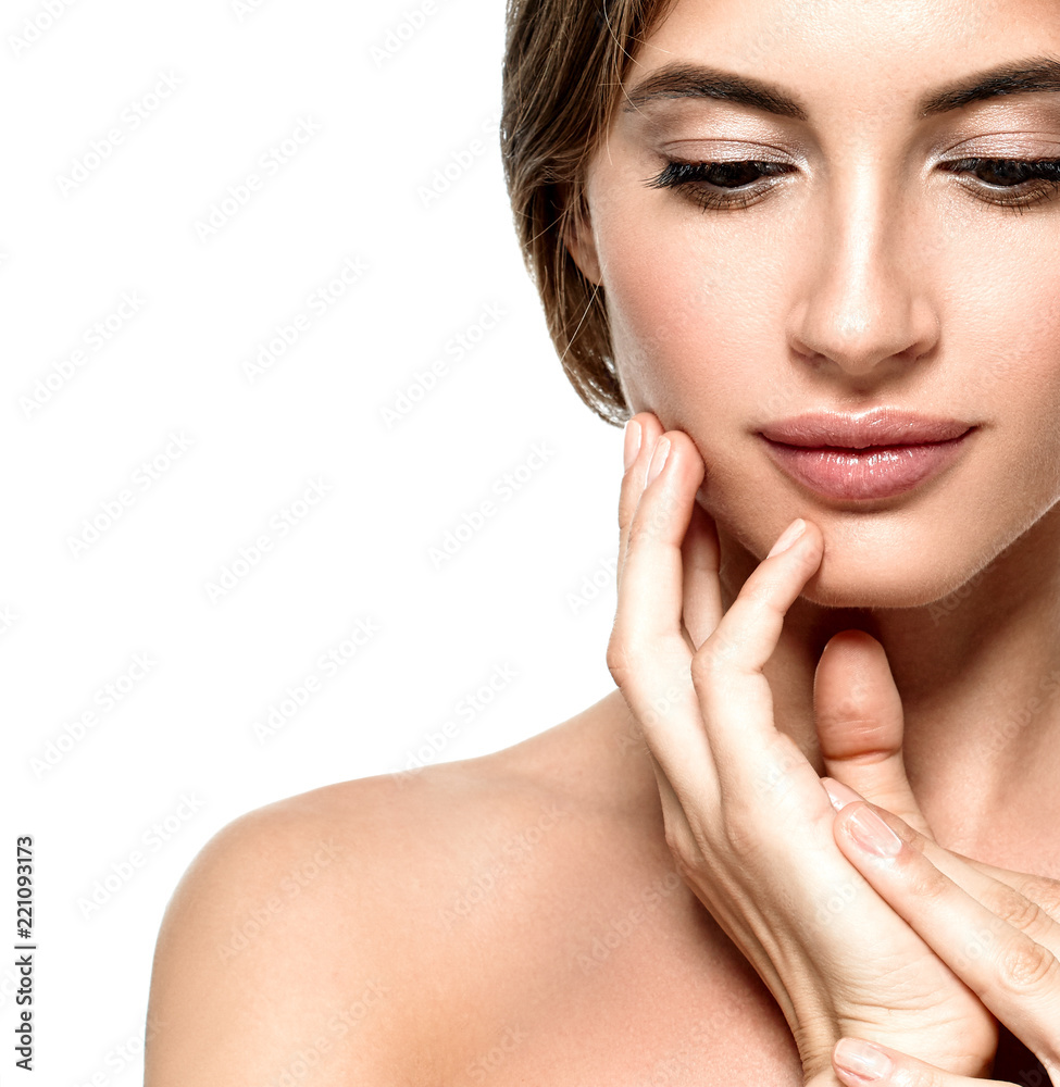 Beautiful woman face with healthy skin and beauty eyes lips brunette Beautiful woman face with healthy skin and beauty eyes lips brunette