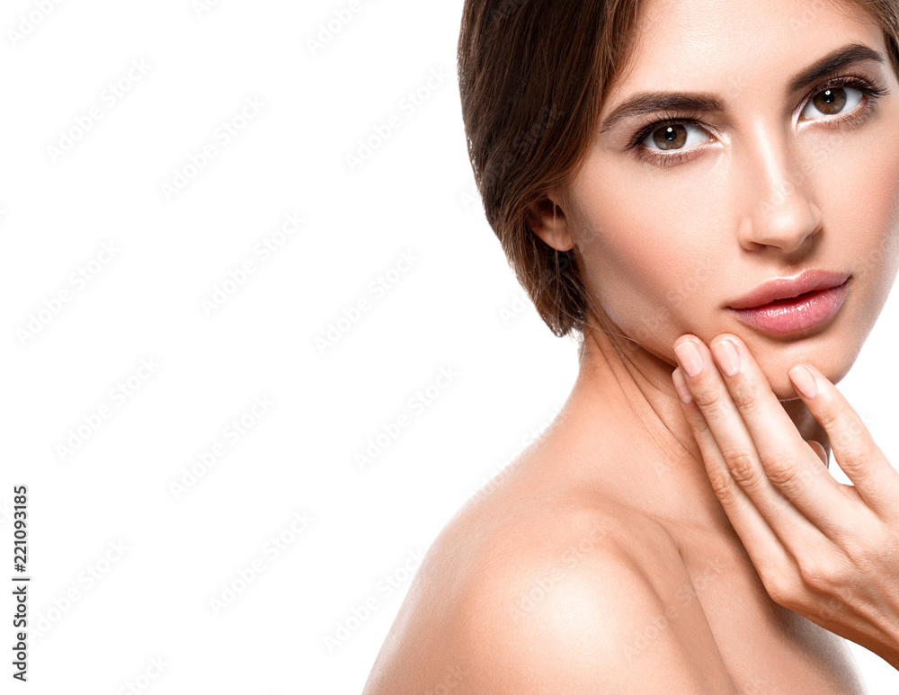 Beautiful woman face with healthy skin and beauty eyes lips brunette Beautiful woman face with healthy skin and beauty eyes lips brunette