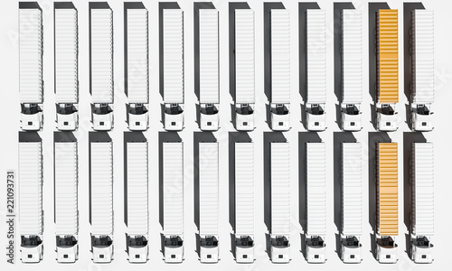 Lined up Container Trucks on White Background in Two Colors 3d rendering