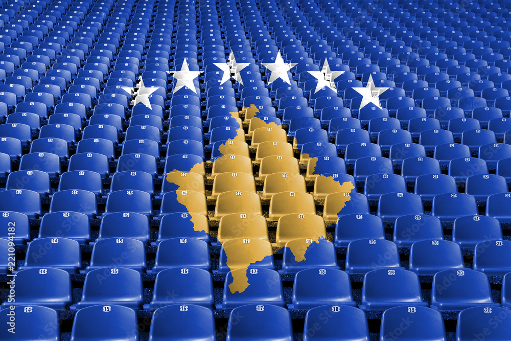 Fototapeta premium Siedziska stadionowe z flagą Kosowa. Koncepcja konkurencji sportowych.