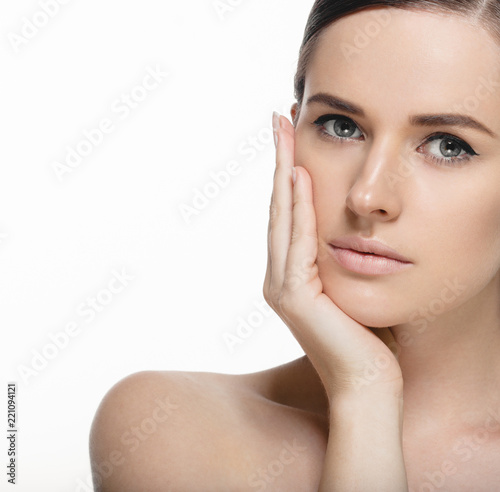 Beautiful woman face with make up and beauty healthy skin and hair portrait. Studio shot.