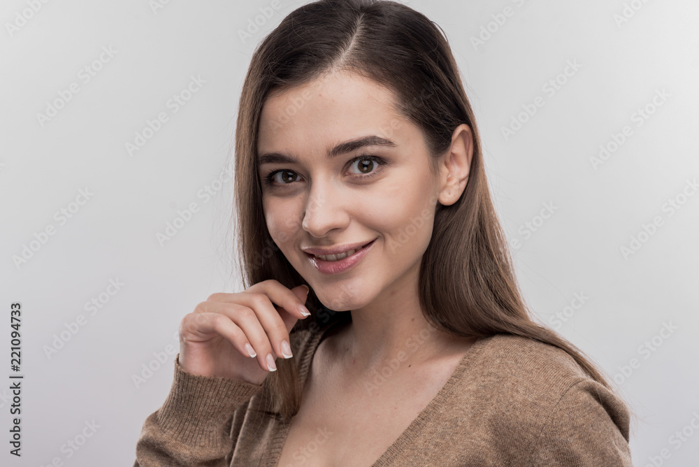 Cheerful woman. Dark-eyed cheerful woman feeling extremely happy and satisfied on image without face retouching Cheerful woman. Dark-eyed cheerful woman feeling extremely happy and satisfied on image without face retouching