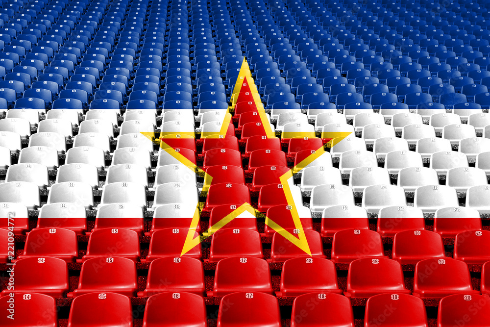 Naklejka premium Siedziska stadionowe z flagą Jugosławii. Koncepcja konkurencji sportowych.
