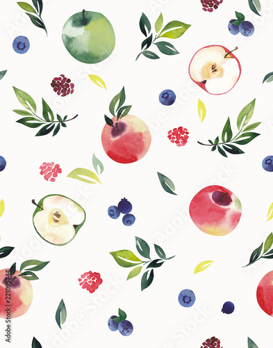 Fototapeta Naklejka Na Ścianę i Meble -  Seamless pattern, apples and berries on a white background.