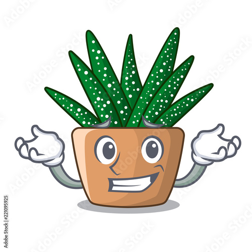 Grinning character small zebra cactus plant on pot