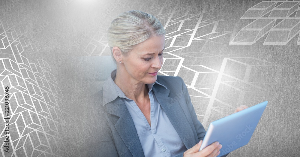 Woman using laptop with geometric transition Woman using laptop with geometric transition