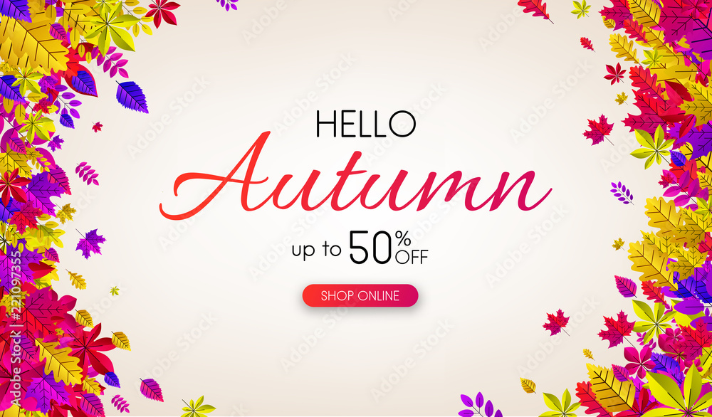 Autumn 50% sale. Promo poster with color leaves.