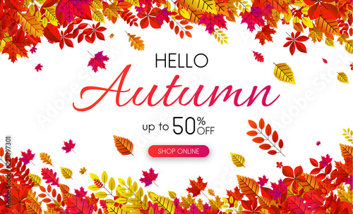 White autumn 50% sale. Promo poster with golden leaves.