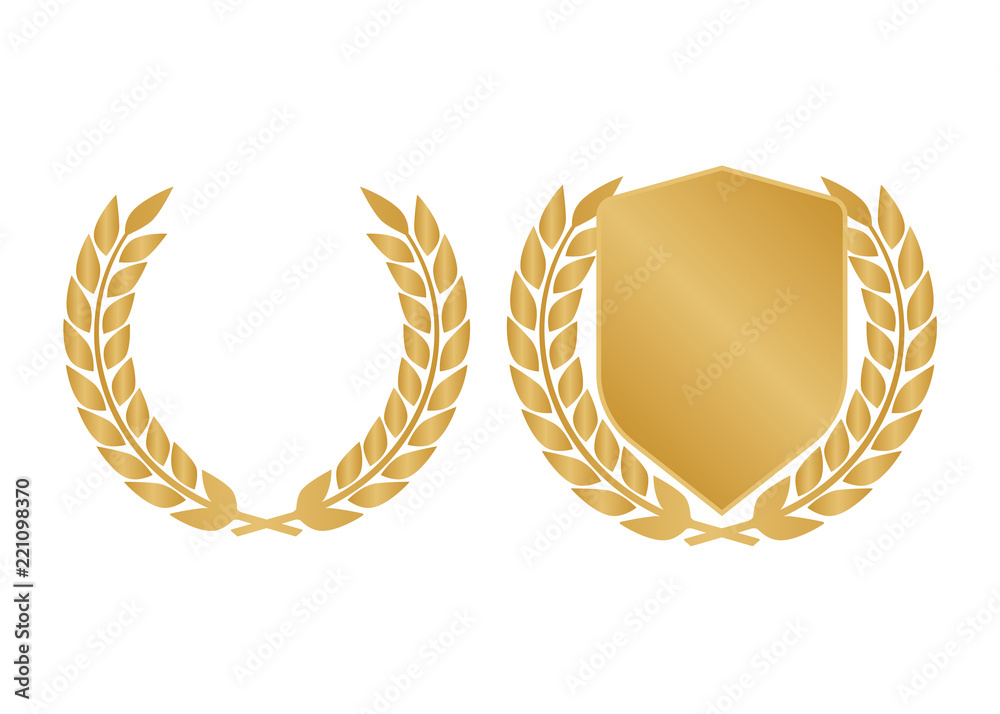 Golden shields laurel badges collection. Gold medal vector illustration. Golden shields laurel badges collection. Gold medal vector illustration.