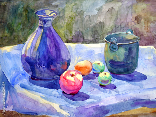 Billede på lærred still life art vase apple watercolor painting illustration design