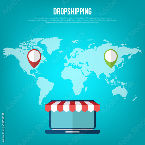 Dropshipping. Drop shipping concept. World map wit location markers and laptop showing shopping cart icon on the screen. Vector illustration 