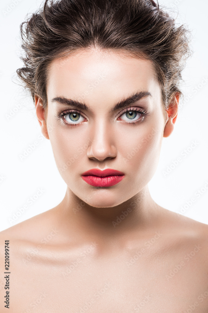 portrait of attractive girl with pink lips, isolated on white for fashion shoot