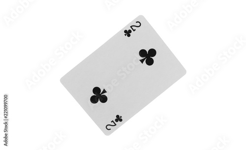Playing card, two of clubs isolated on white background with clipping path