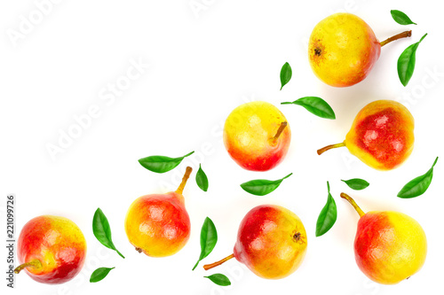 Fototapeta Naklejka Na Ścianę i Meble -  ripe red yellow pear fruits isolated on white background with copy space for your text. Top view. Flat lay pattern