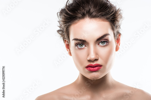 portrait of attractive girl with pink lips  isolated on white for fashion shoot