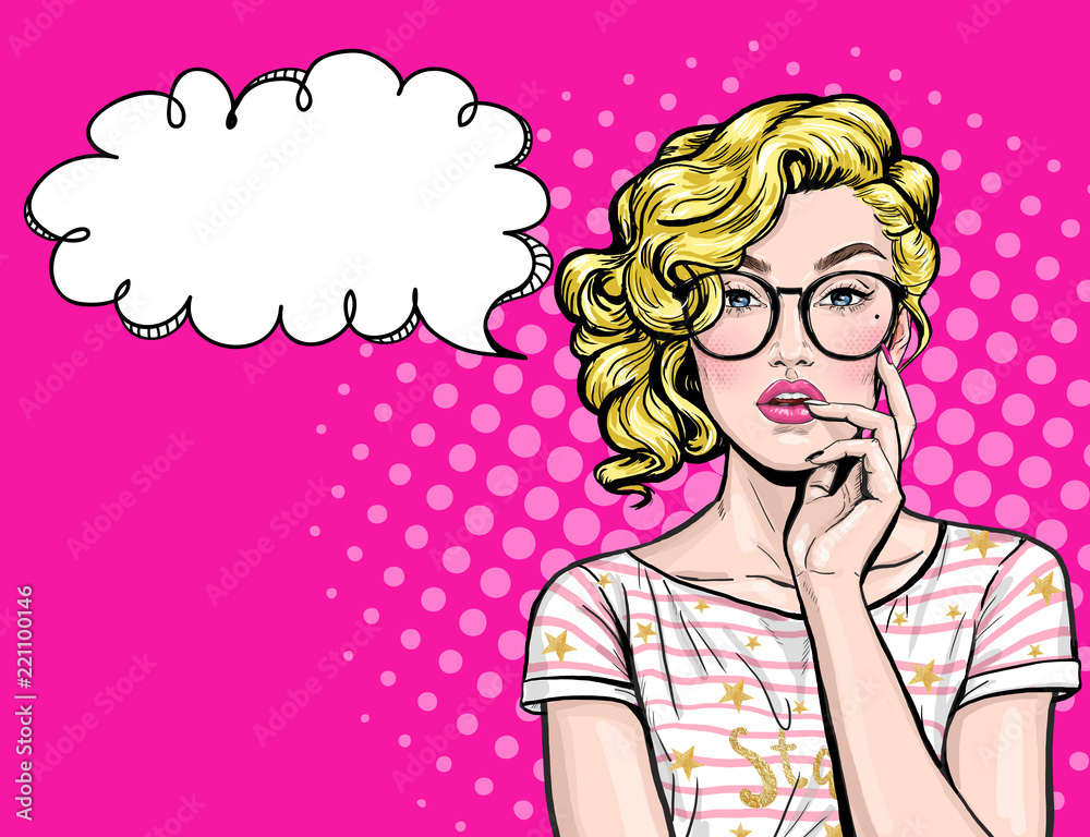 Thinking young sexy woman with open mouth looking up on empty bubble.Pop Art girl is thought and holding hand near the face Thinking young sexy woman with open mouth looking up on empty bubble.Pop Art girl is thought and holding hand near the face