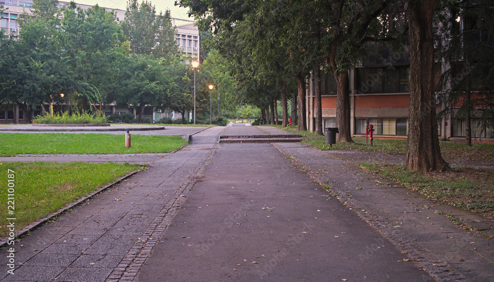 Empty walkway at Novi Sad dorm complex Empty walkway at Novi Sad dorm complex