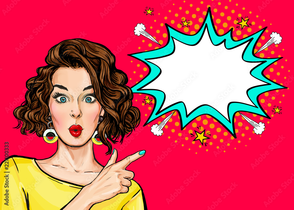 Pop Art Woman surprise showing product .Beautiful girl with curly hair  pointing to on bubble . Presenting your product. Expressive facial  expressions Stock Illustration | Adobe Stock