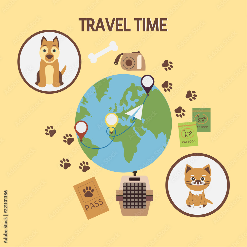 Cute dog and cat. Concept illustration of pet carrying and travelling with pets. Vector Illustration.