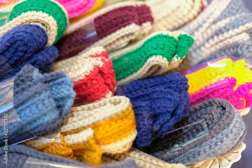 knitted belt. knitting fabric strap. handmade handicraft embroidery accessory © 88studio
