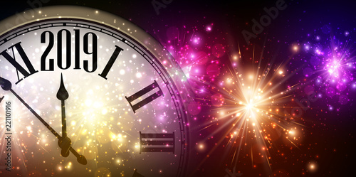 Shiny 2019 New Year background with clock and fireworks.