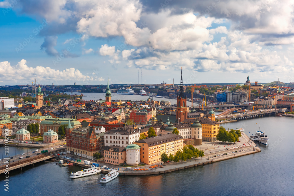 Scenic summer aerial panoramic view of Gamla Stan in the Old Town in Stockholm, capital of Sweden