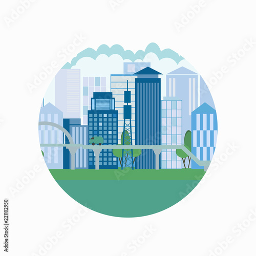 City landscape with high skyscrapers, buildings and transport. Vector illustration.