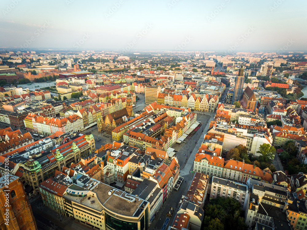 Wroclaw, European Capital of Culture. Center Town Hall, Market Square, Sky Tower, City panoramic view. Traveling EU.