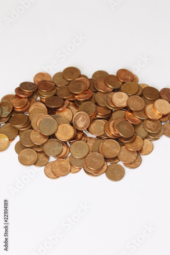 cents, cents of euro, money, mountains of cent coins, copper color on white background.
