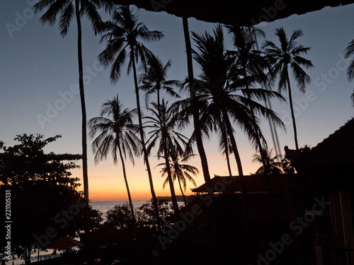 Sunset  silhouette of palm trees. Travel concept  palm trees on the background of the sea at sunset time. Sunset on the ocean coast  mountains  sea  beach  sky  clouds Bali  Indonesia.