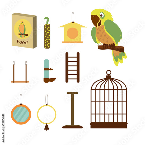 Parrot with cage, different toys and accessories. Vector illustration.