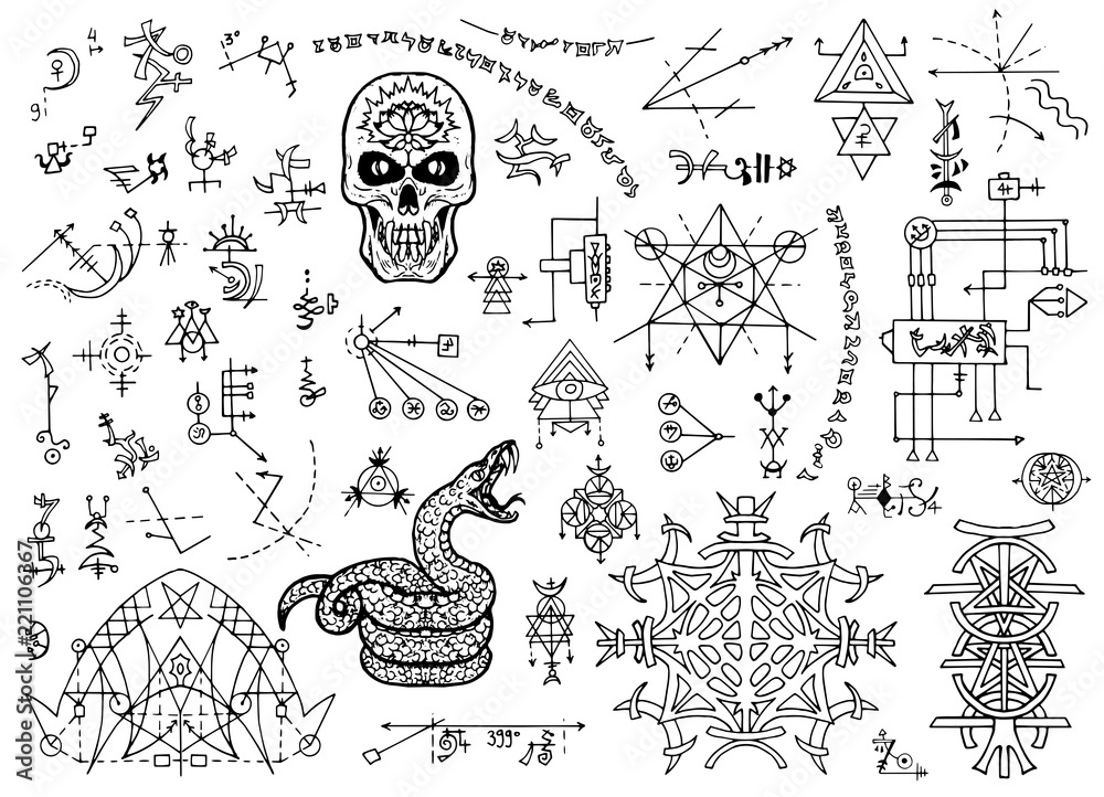 Design set with mystical symbols, skull, snake and abstract patterns ...