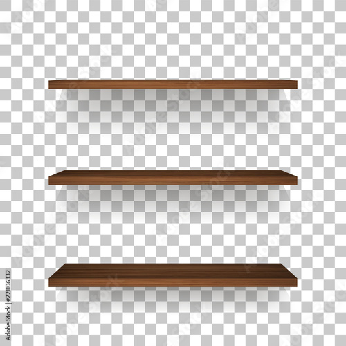 Wooden shelf on transparent background with soft shadow. 3D empty wooden shelves. Vector.