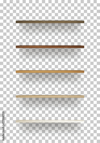Wooden shelf on transparent background with soft shadow. 3D empty wooden shelves. Vector.