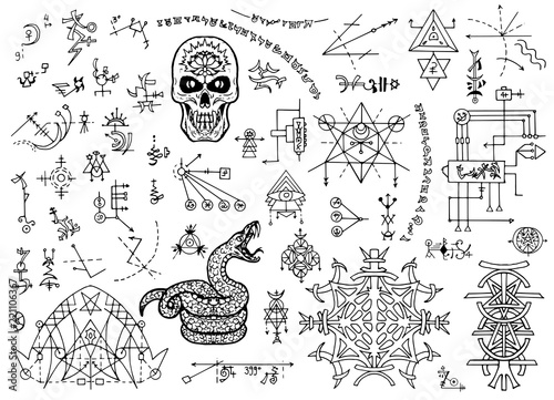 Design set with mystical symbols, skull, snake and abstract patterns. Esoteric, occult and Halloween concept with sacred geometry elements, graphic vector illustrations for music album cover, t-shirts