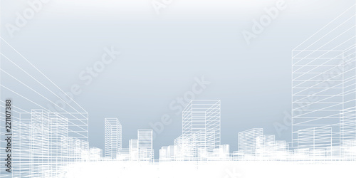 Abstract wireframe city background. Perspective 3D render of building wireframe. Vector.