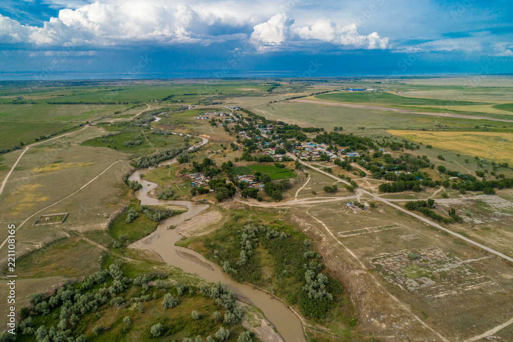A beautiful view of the forest, fields and river from above. Drone photography of the city A beautiful view of the forest, fields and river from above. Drone photography of the city