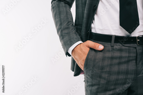 cropped image of businessman standing with hand in pocket isolated on white