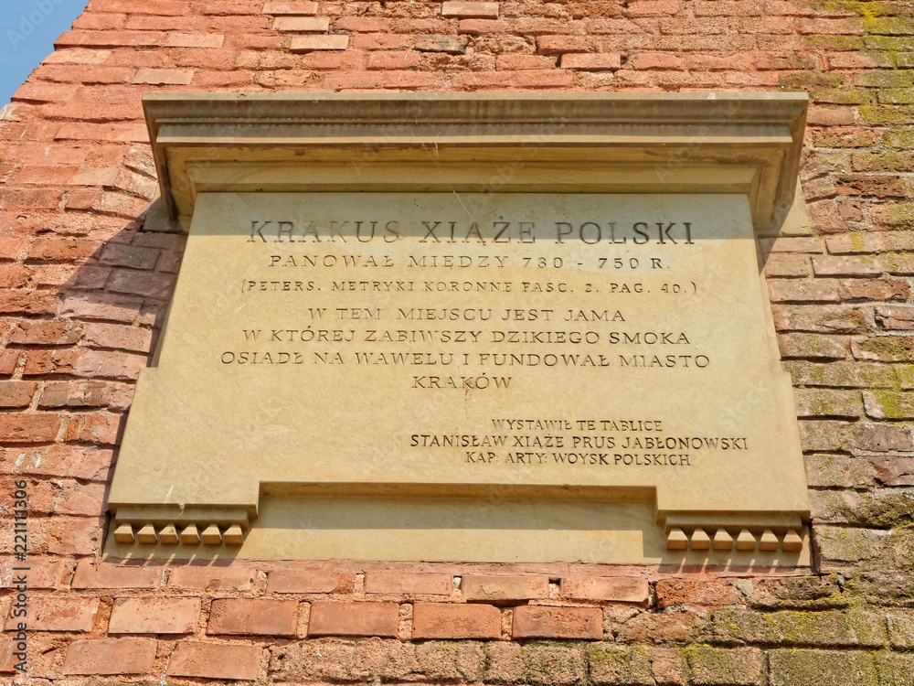 Wawel Royal Castle, Krakow, Poland. Commemorative plaque for prince Krak, who founded Krakow. - obrazy, fototapety, plakaty 