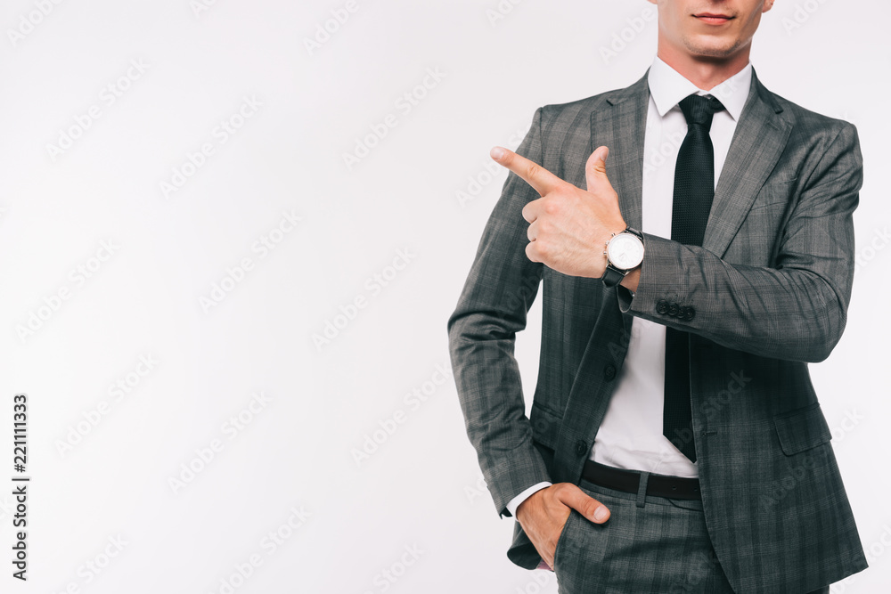cropped image of businessman pointing on something isolated on white cropped image of businessman pointing on something isolated on white