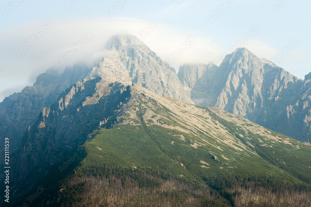 View on the Lomnicky Stit peak covered in clouds in High Tatra Mountains, Slovakia
