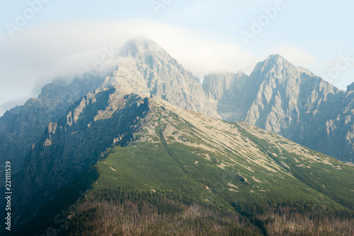 View on the Lomnicky Stit peak covered in clouds in High Tatra Mountains, Slovakia